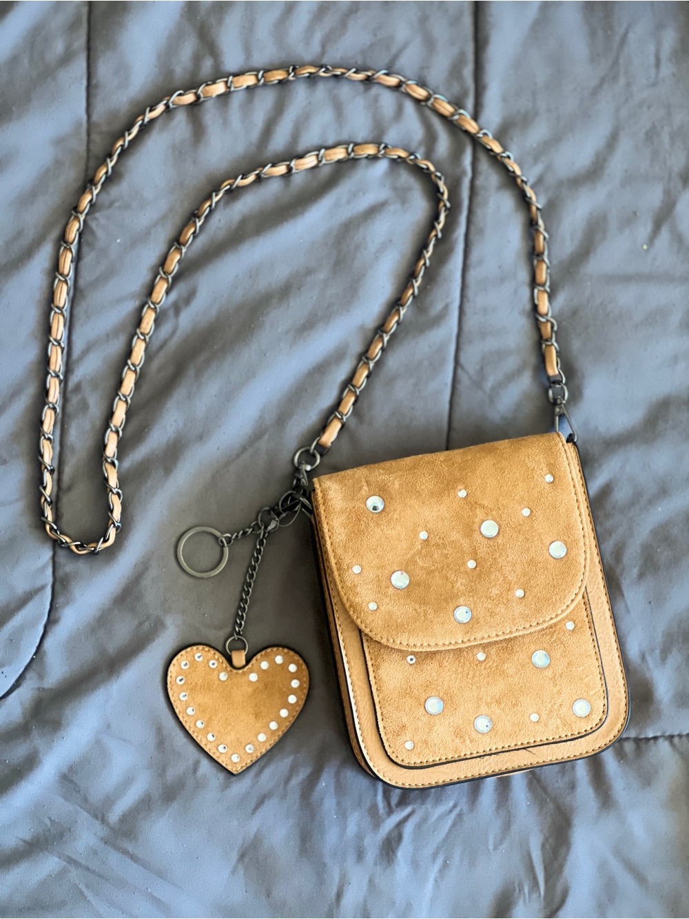 Women’s Tan Suede Crossbody Bag with Heart Charm